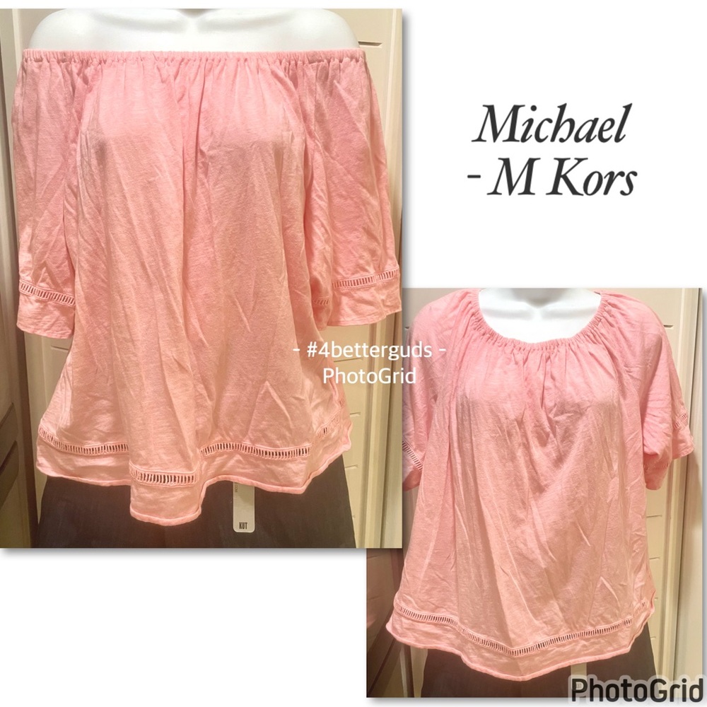 MICHAEL Michael Kors Short Sleeve Off Shoulder Cut Out Slit Details Pink Top MD